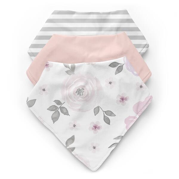 slide 2 of 6, Watercolor Floral Fabric Bandana Baby Bibs 3 Pack Set Lavender Purple Pink and Grey Boho Shabby Chic Rose Flower Gray Farmhouse
