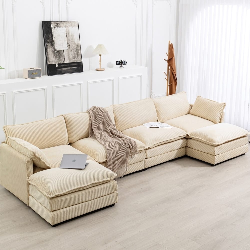 Oversized Modular Corduroy Sectional Sofa Set with Ottoman, 3-Seater / 4-Seater Deep Seat Lounge Couch for Living Room
