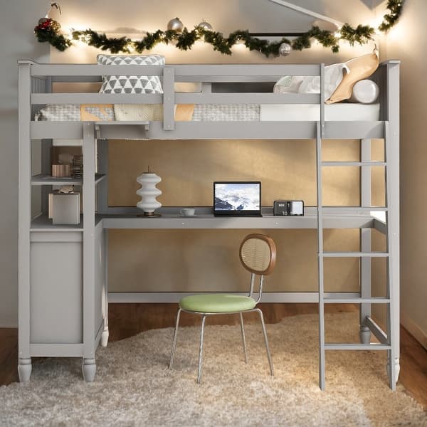 slide 2 of 9, Twin Size Wooden Loft Bed With Drawers And Desk,Shelves,Solid Construction Grey