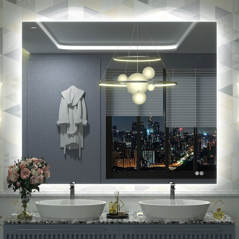 Frameless Anti-Fog 3 Colors Dimmable LED Backlit Wall Bathroom Vanity Mirror - 48" x 40"-Rectangular