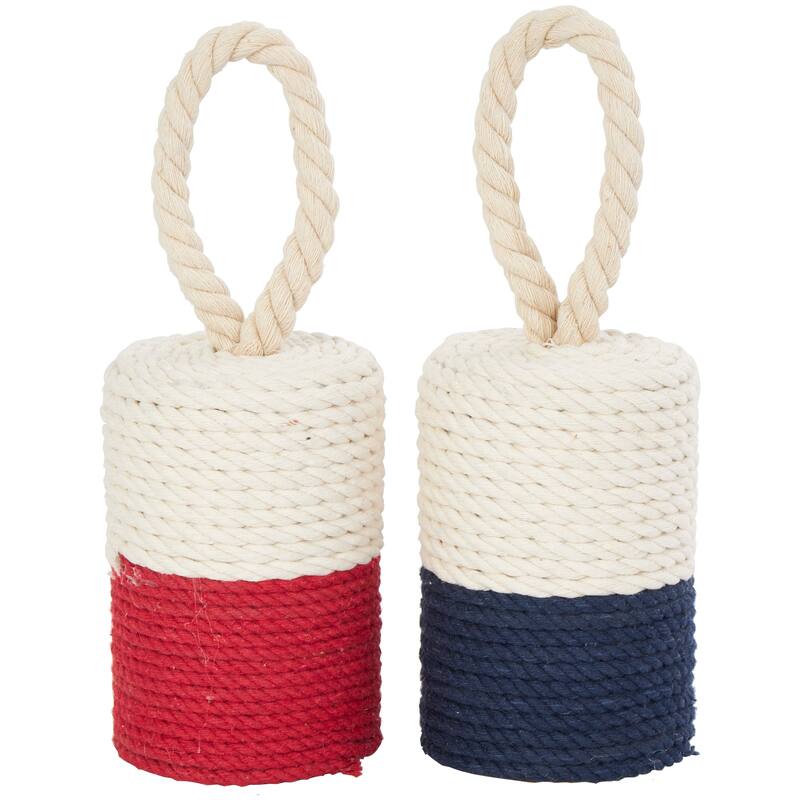 Cream Cotton Fabric Coiled Colorblock Buoy Sculpture with Red and Blue Bases (Set of 2)