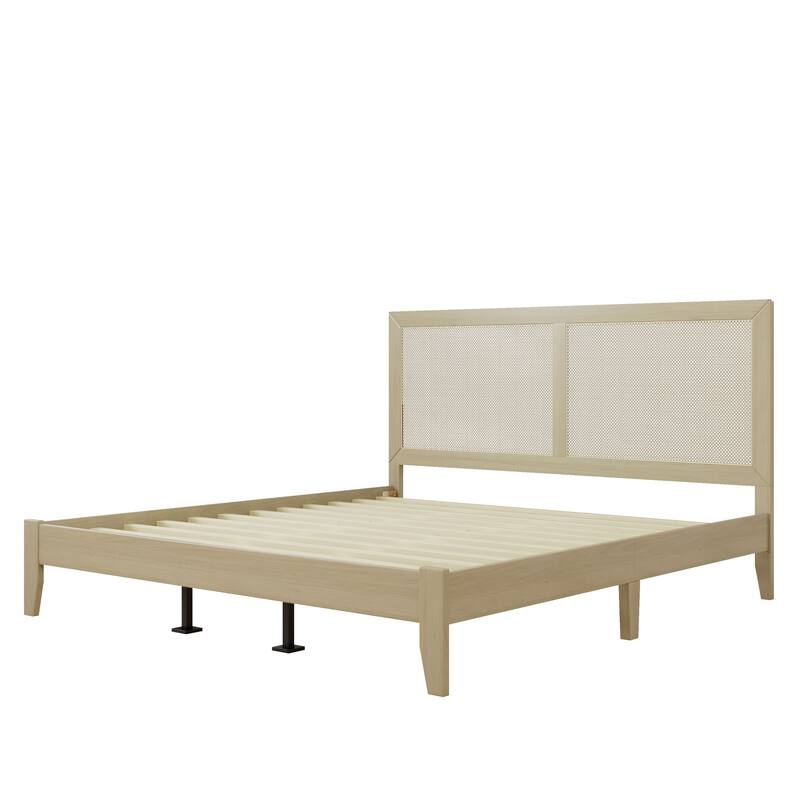 Solid Wood Platform King Bed With Rattan,Solid Rubber Wood Legs