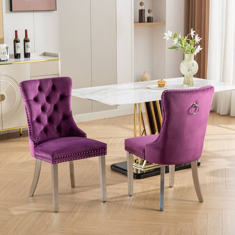 Roomfitters Modern Velvet Dining Chairs Set of 2, Tufted Upholstered Accent Chairs and Chrome-Plated Stainless Steel Legs - Purple