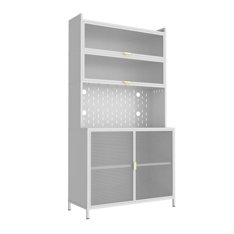 6-Tier Metal Kitchen Pantry Cabinet with 2 Acrylic Glass Flip-Up Doors - N/A - White