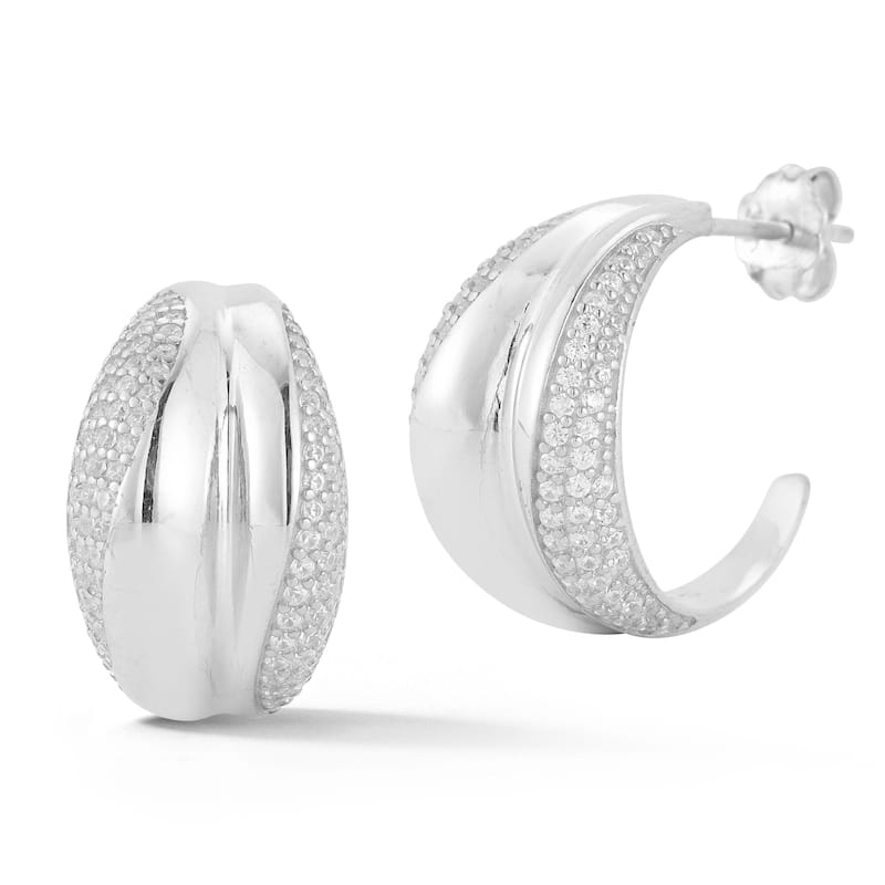 Soleil Sterling Silver Half Pave Bold Concave Hoop Earrings - White