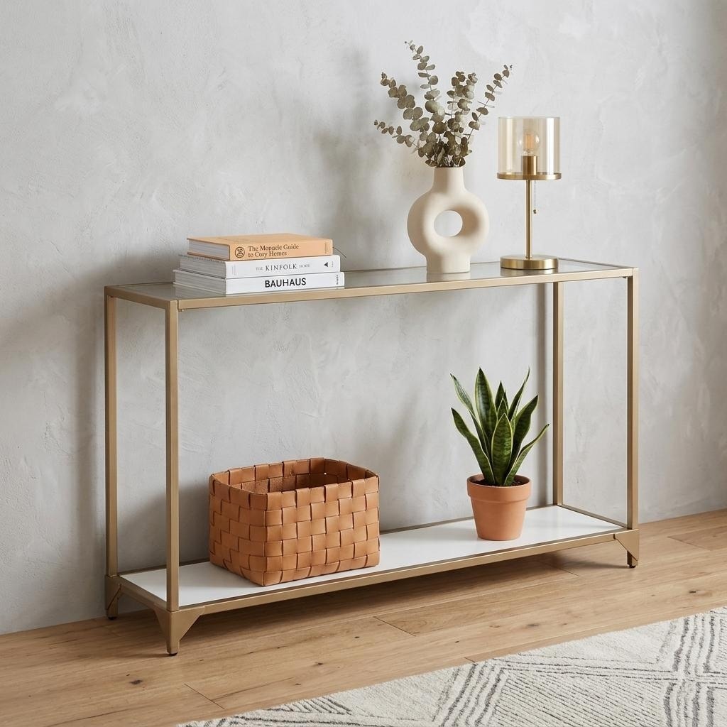 HomeRoots 56" Clear and Gold Glass Mirrored Frame Console Table With Shelves - 56.00 in. x 29.00 in. x 8.00 in.