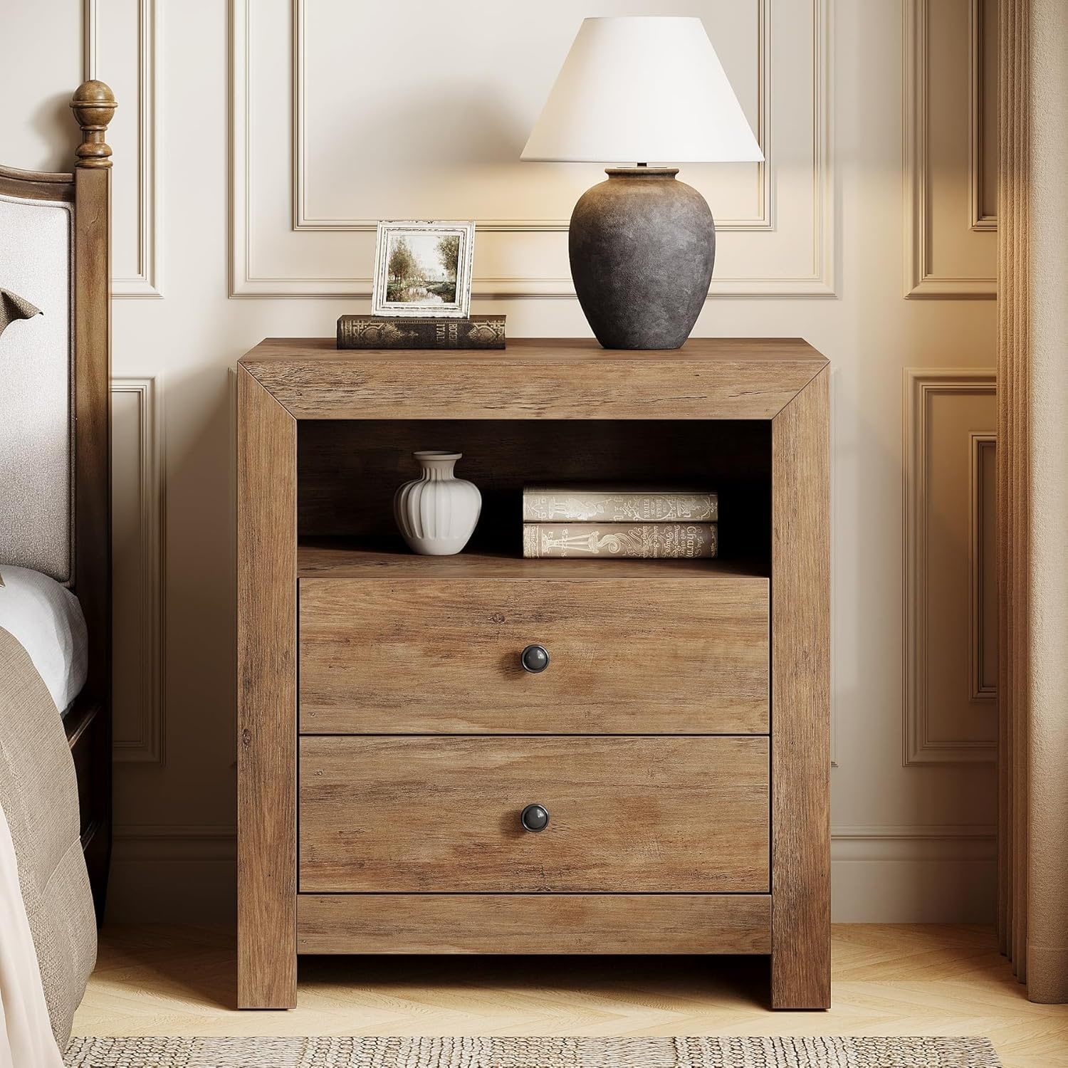 2 Drawers Nightstand with Open Storage Shelf for Bedroom