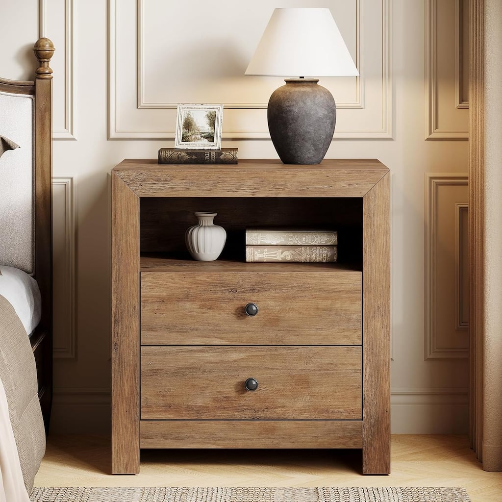 2 Drawers Nightstand with Open Storage Shelf for Bedroom