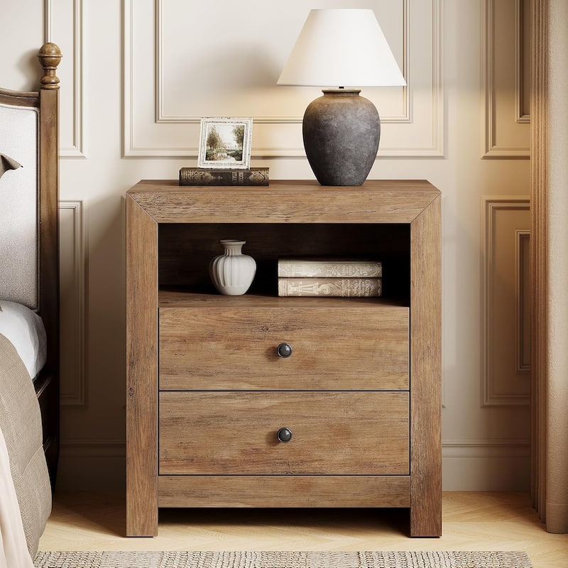 Nightstand with 2 Storage Drawers, Rustic Bedside Table for Bedroom