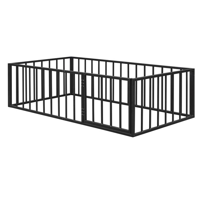 Twin Size Metal Floor Platform Bed Frame with Fence and Door, Fun and Sturdy Play Bed for Kids, Bedroom Furniture for Toddlers