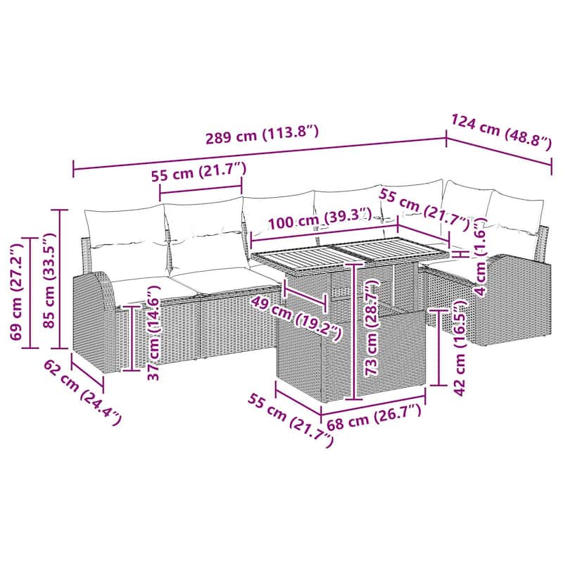 vidaXL 7 Piece Garden Sofa Set with Cushions - 113.8×48.8×27.2