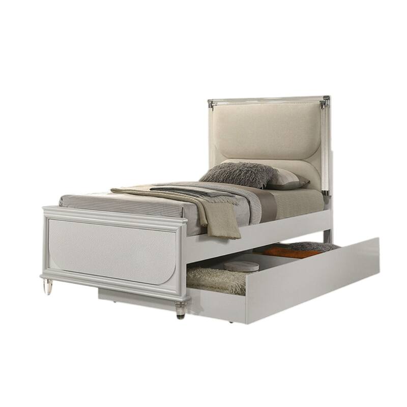 Dima Full Bed, Upholstered Headboard w LED, Pearl White, Clear Legs