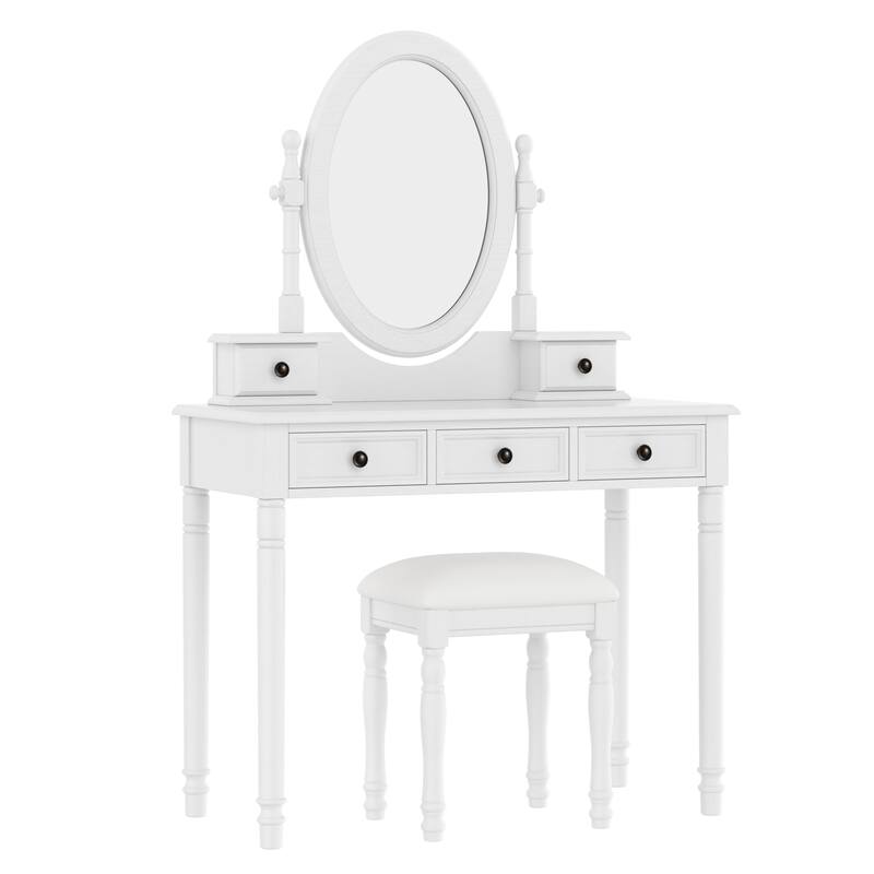 Vintage Vanity Desk Set with Adjustable Mirror - Wooden Makeup Table & Velvet Stool, 5 Drawers for Bedroom