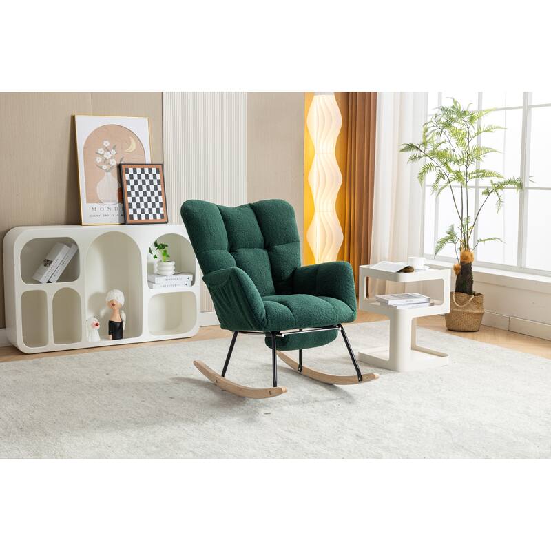 High Backrest Nursery Rocking Chair, Teddy Upholstered Glider Chair with Footrest, Recliner Chair with Solid Wood Legs