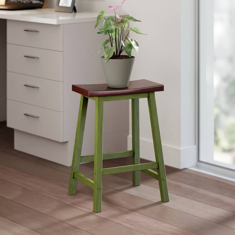 Satori Saddle Seat 24" Counter Stool, Rustic Green and Walnut - N/A