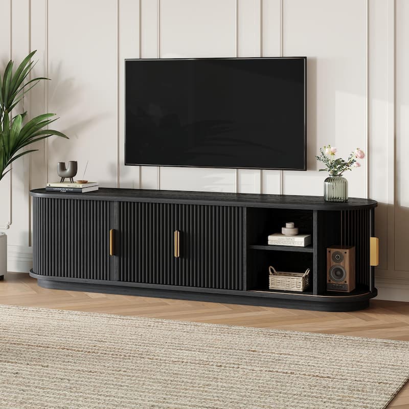 Farmhouse TV Stand & Coffee Table Set with Fluted Sliding Door & Golden Handles, for TVs up to 75" - Black+TV Stand