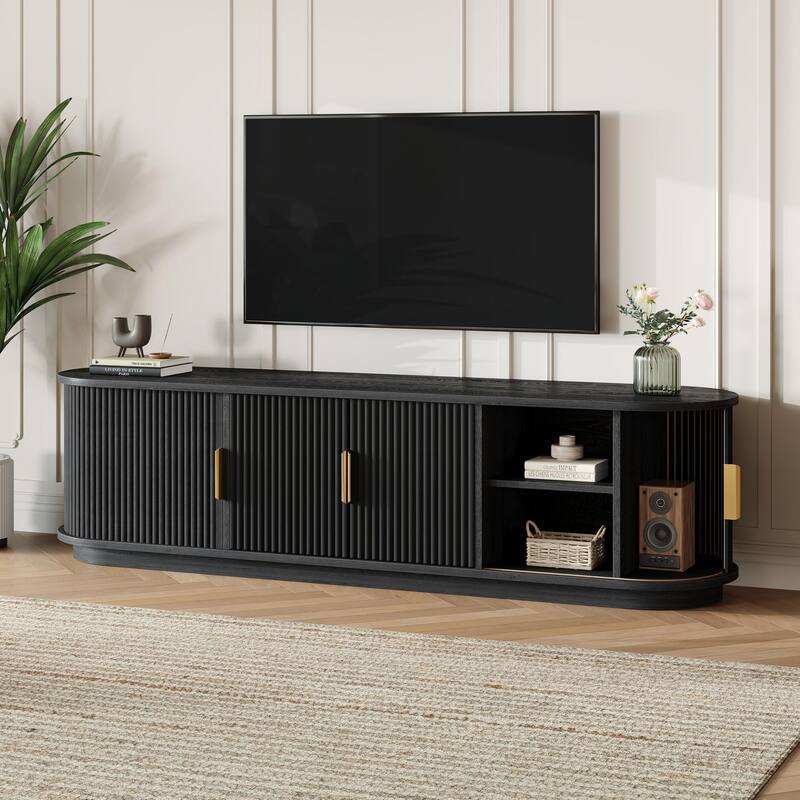 Farmhouse Wooden TV Stand with Sliding Tambour Door for TVs up to 75", Fluted Media Console with Adjustable Storage - Black