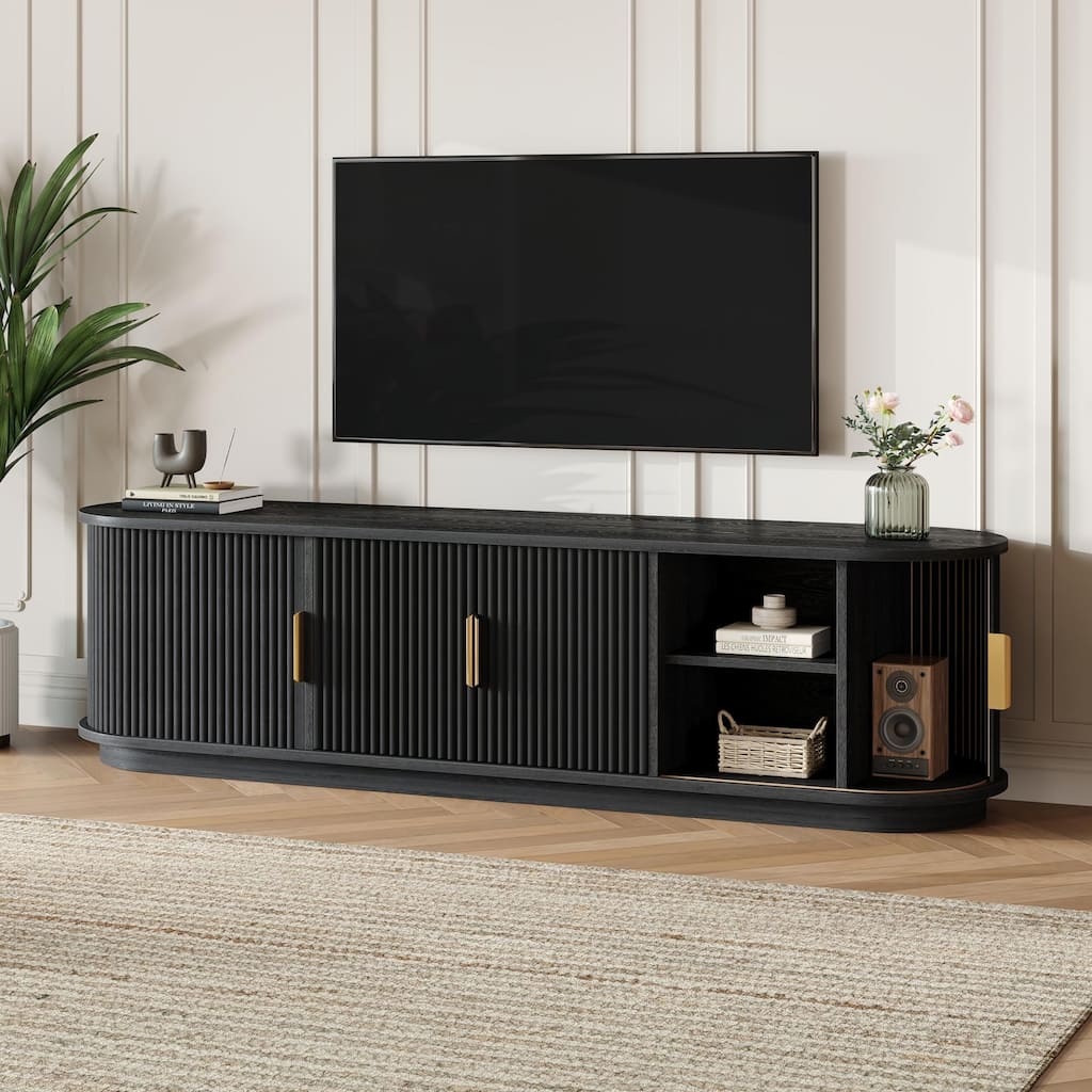 Roomfitters Farmhouse TV Stand, Fluted Wooden Media Console with Sliding Tambour Doors, Adjustable Storage, for TVs up to 75"