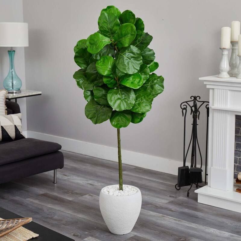 Luxury Fiddle Leaf Artificial Tree - 5ft Faux Plant in White Planter - Realistic Home Decor Tree - Green - 51-60 Inches