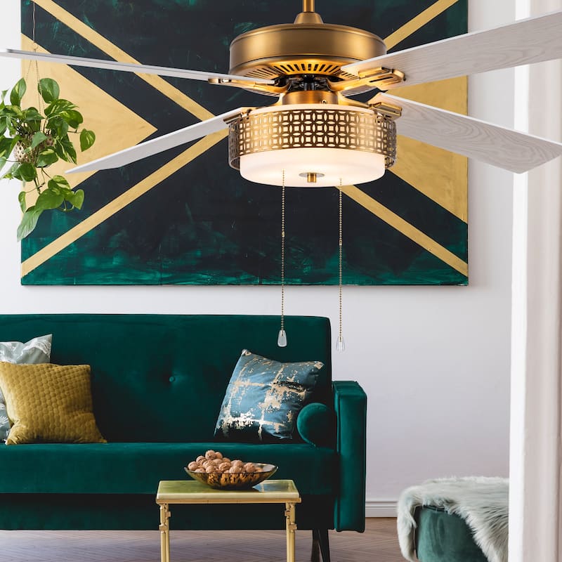 Dinah River of Goods Brass and Glass 52-Inch Ceiling Fan with Light - 52" x 52" x 12.5"/17.5"