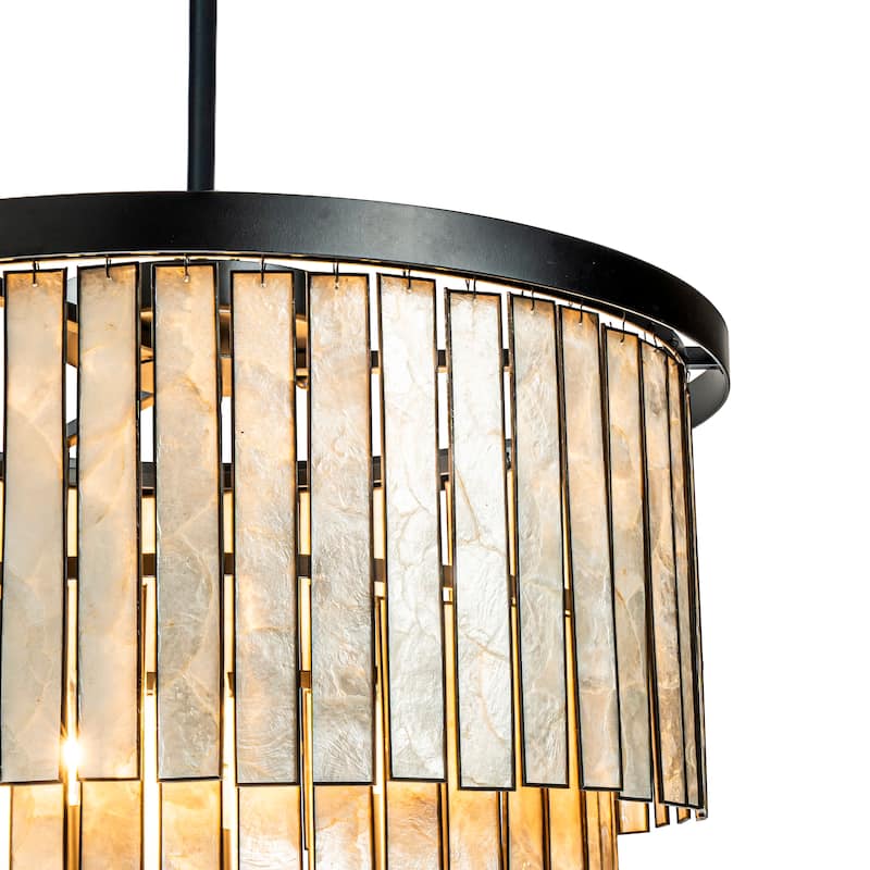 Matte Black Coastal Natural Capiz Round Chandelier 5-Light Modern Pendant Fixture for Living Room and Dining Room - W20"