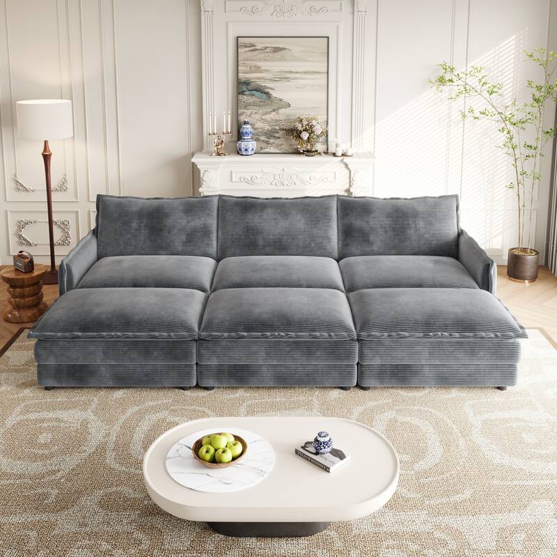 Convertible Sleeper Sofa Bed 109" Oversized Modular Sectional Sofa Deep Seat Corduroy Cloud Couch with 3 Ottomans