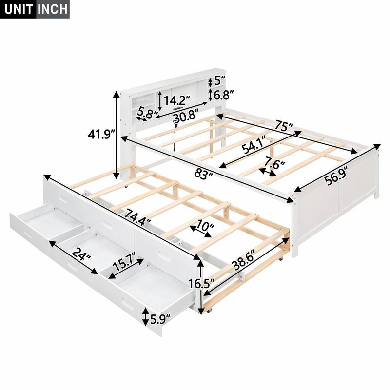 Platform Bed with Storage Headboard, USB Charging Ports, Twin Trundle, 3 Drawers