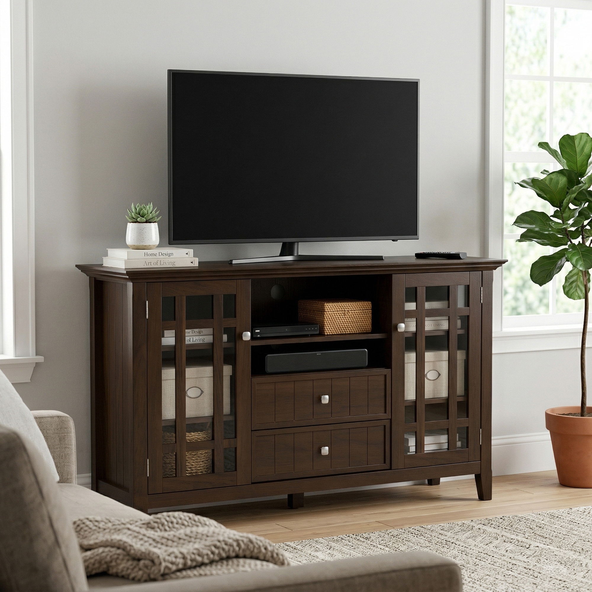 WYNDENHALL Freemont SOLID WOOD 53 inch Wide Transitional TV Media Stand For TVs up to 60 inches - 53"w x 16.5"d x 34.7" h