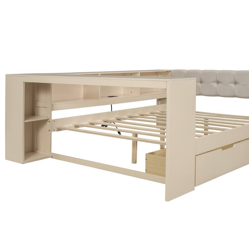 Wood Full Size Platform Bed with Upholstered Headboard, Storage Shelves & Charging Station for Small Space, Apartment
