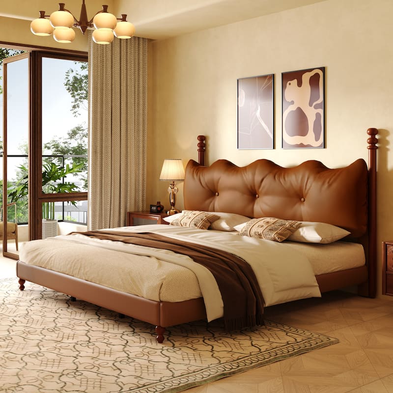 Calka Luxury Upholstered PU Leather Bed by Christopher Knight Home - Coffee+King