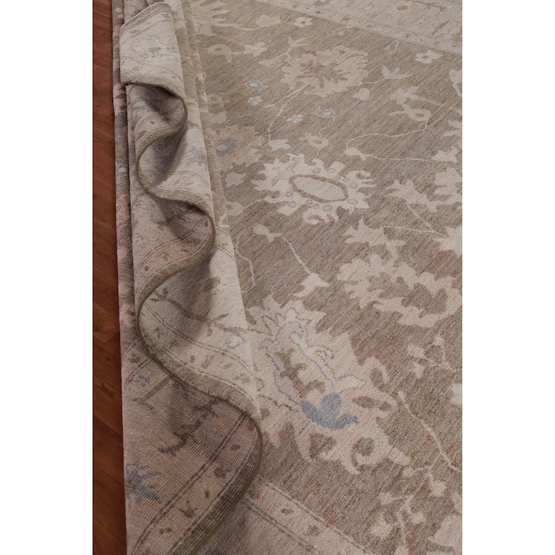 Hand Knotted Oriental 100% Wool Carpet Transitional Floral Brown Oushak Area Rug - 12' 0'' X 9' 4''
