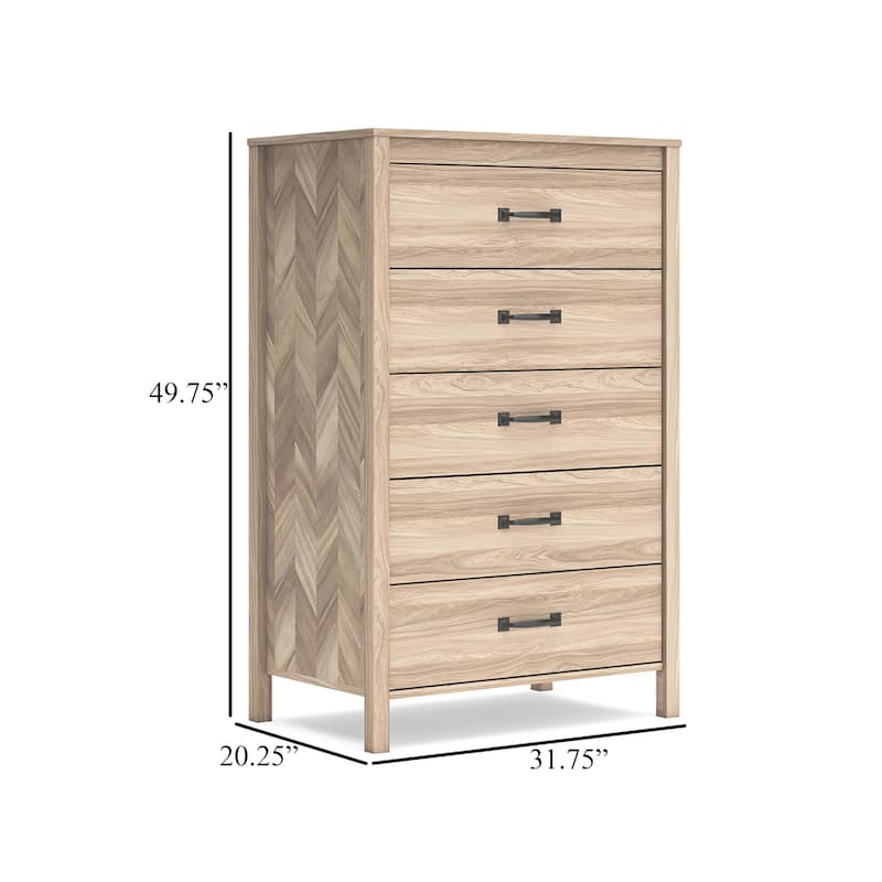 Bette Tall Dresser Chest, 5 Drawers, Light Oak Brown Finish, 60 Inch