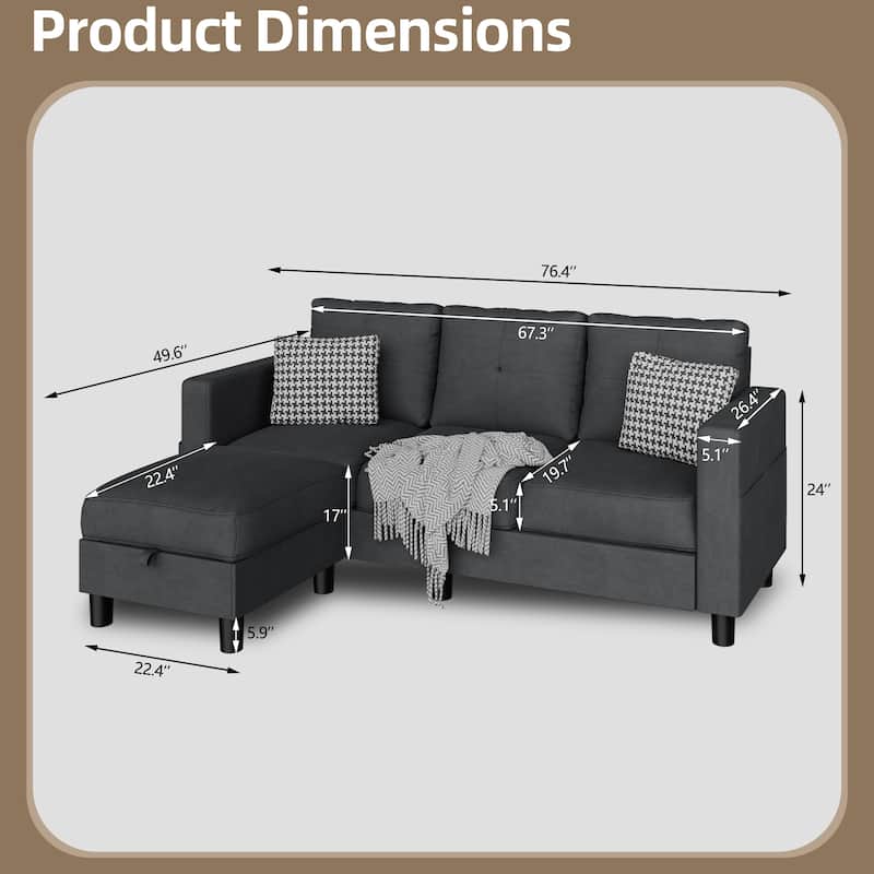 Futzca Linen Upholstered L-shaped Sectional Sofa w/ Reversible Chaise