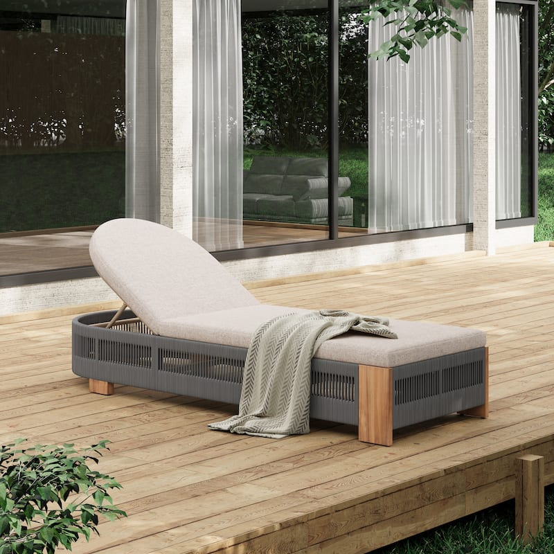 Outdoor Chaise Lounge w/Adjustable Backrest and Waterproof Cushion, Acacia Wood Pool Chair - Teak+Grey 1chair