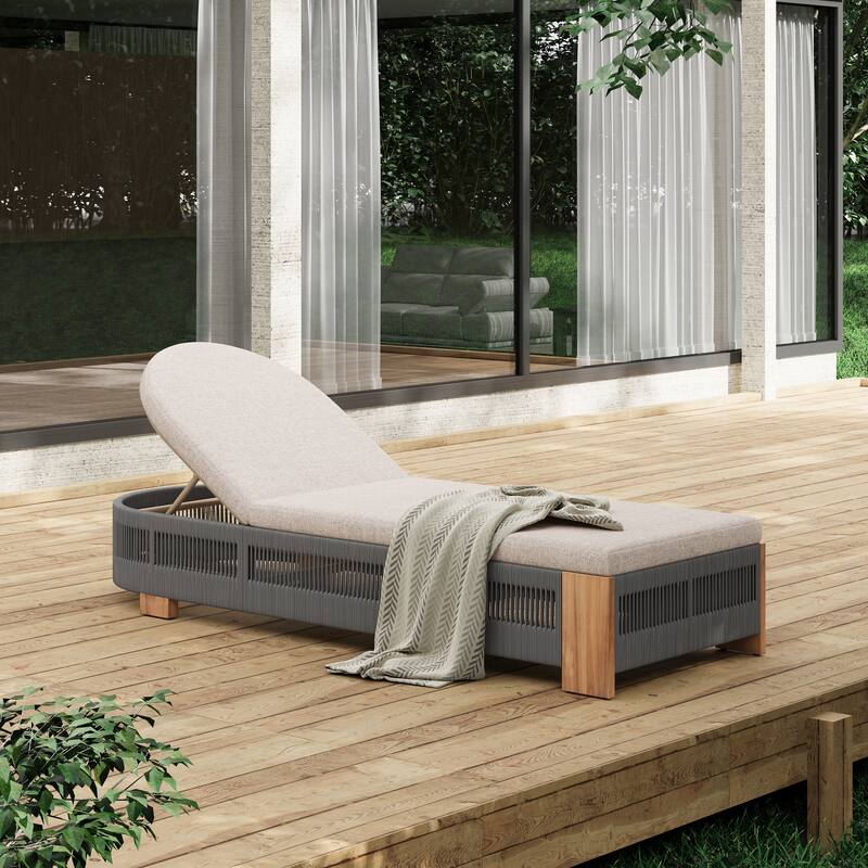 Roomfitters Outdoor Acacia Wood Chaise Lounge with Adjustable Backrest and Braided Rope Weave, Teak Finish