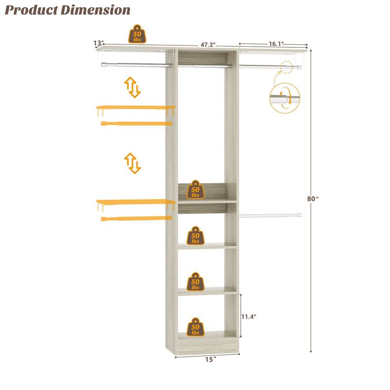 4 FT Closet Organizer with 4 Hanging Rods, Small Closet System with Storage Shelves