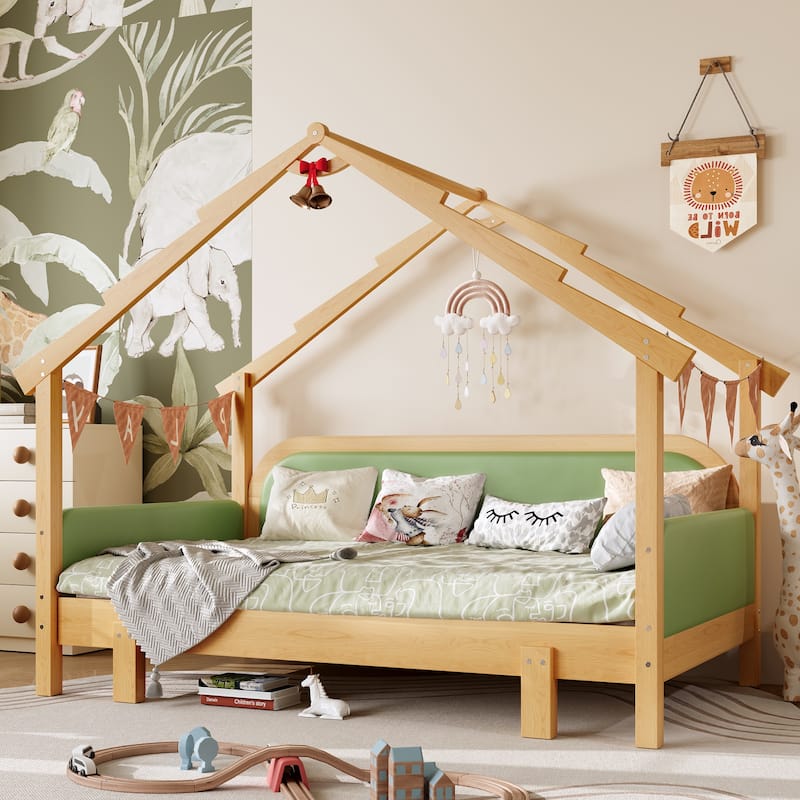 Twin Wood Treehouse Bed with Soft Cushion Rails for Kids & Teens