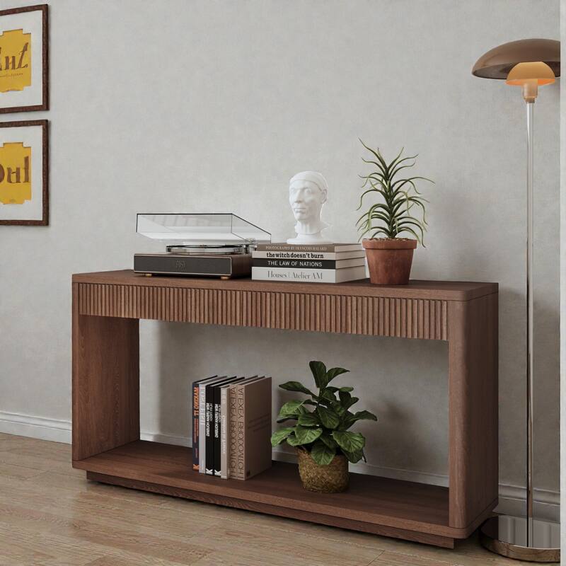 60" Modern Fluted Console Table with 2 Drawers, Natural Wood Veneer Sofa Table for Living Room Hallway Entryway