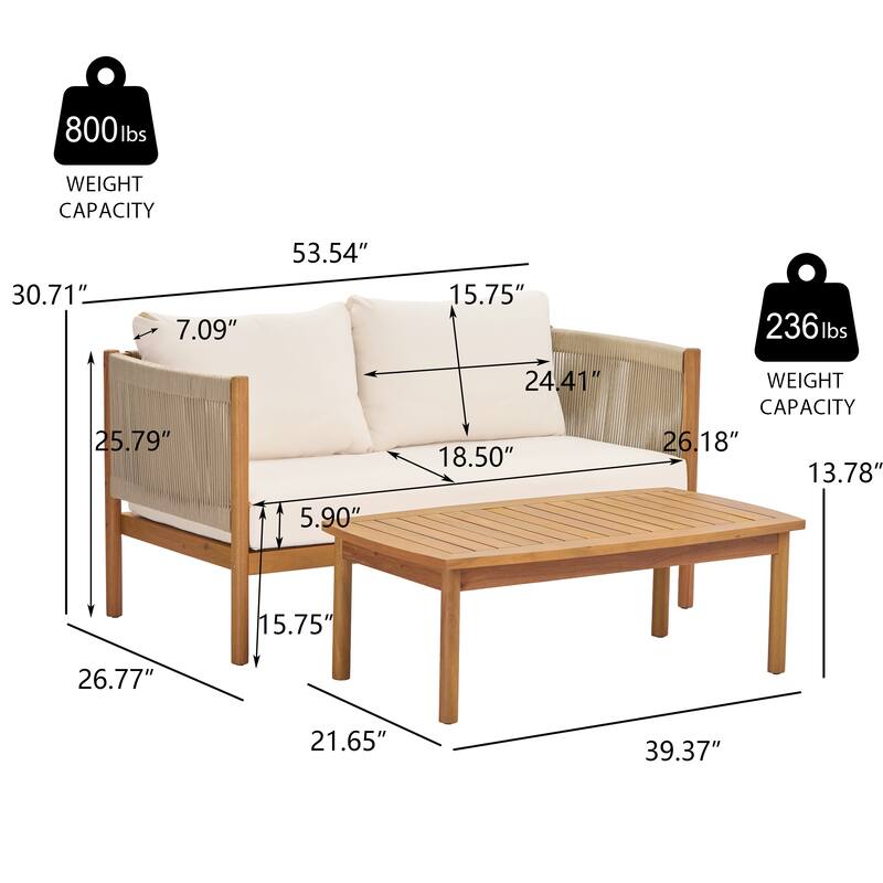 Christopher Knight Home - 2-Piece Outdoor Acacia Wood Loveseat and Coffee Table Set with Rope Panels and Cushions