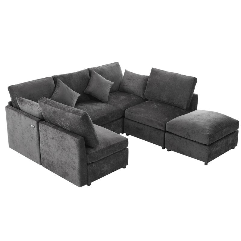 L-Shaped Modular Sectional Sofa Convertible U-Shaped Sofa Bed with Movable Ottoman and 2 USB Ports, 2 Pillows, Chenille 5 Seat