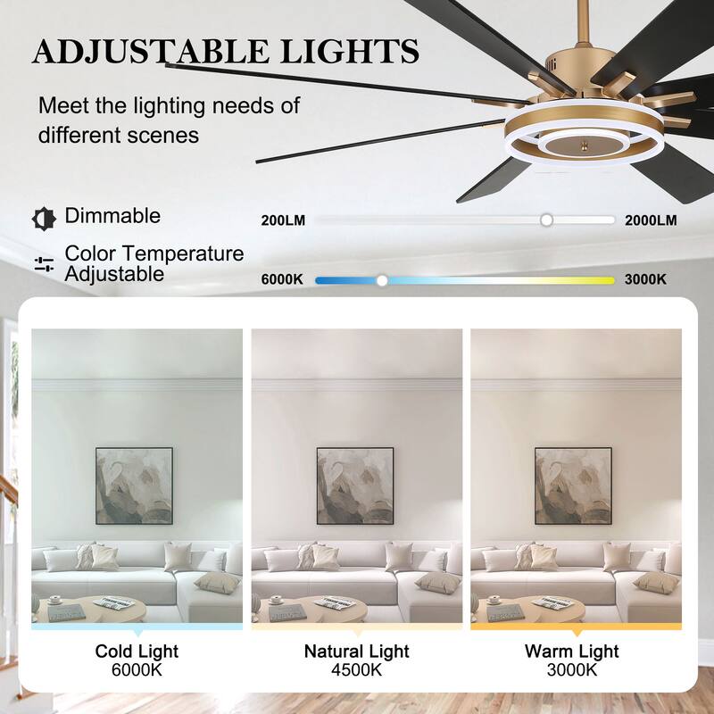 CurveCurio 72" Large Ceiling Fan w/ LED Lights, Wood Blades Ceiling Fan Quiet DC Motor w Remote for Lagre Rooms