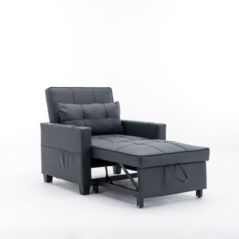 3-in-1 Convertible Sofa Chair,Pull Out Sleeper Chair with USB Ports and Cup Holders（Leather）