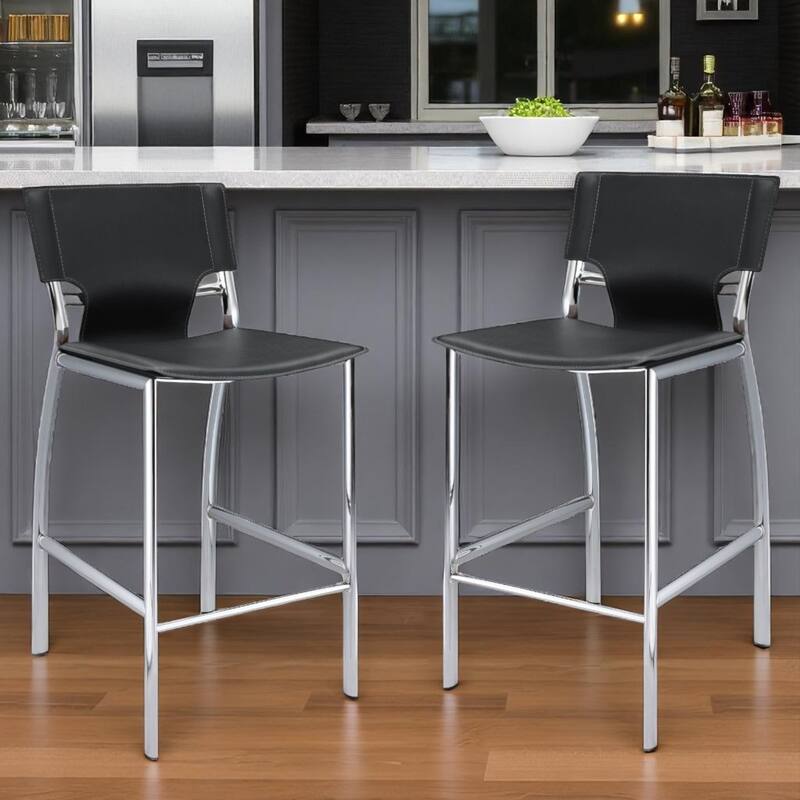 HomeRoots Set of Two 29" Black and Silver Metal and Faux Leather Low Back Bar Height Bar Chairs - Bar Height - Black - Set of 2
