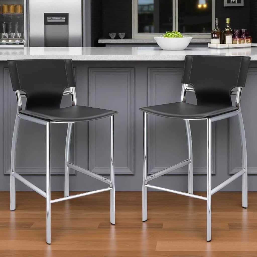 HomeRoots Set of Two 29" Black and Silver Metal and Faux Leather Low Back Bar Height Bar Chairs
