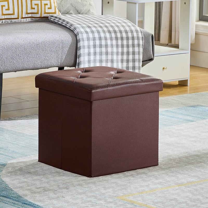 2 PC Storage Folding Ottoman, Storage Footrest Stool, Faux Leather Storage Bench Cube with Padded Seat for Small Space