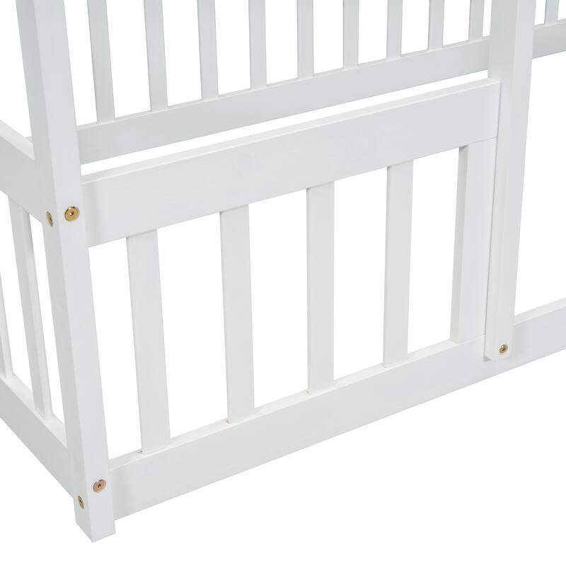 Twin Wood House-Shaped Floor Bed with Fence, Guardrails