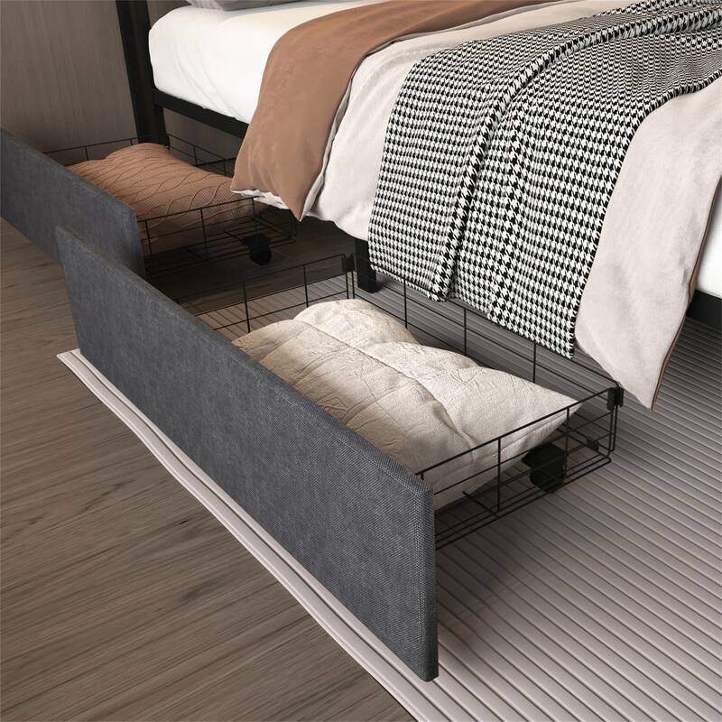 Queen/Full LED Bed Frame, Storage Headboard with Charging Station