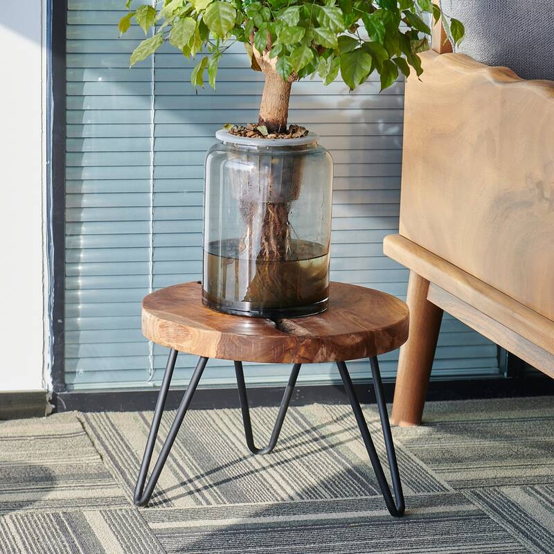 Teak Wood Round Plant Stand Table - 15.74" x 15.74"x 11.96"