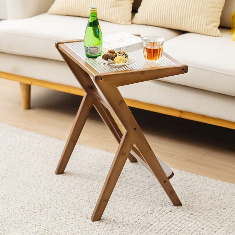 Decorative End Table with Rattan Accents and Storage Rack - 19.5" x 14" x 22" (L x W x H)