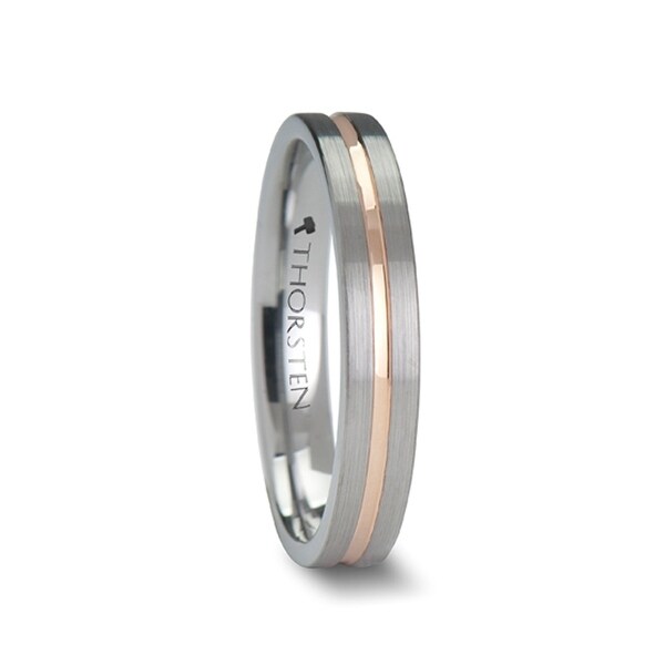 THORSTEN - ZENA Flat Brushed Finish Tungsten Ring with Rose Gold Channel - 4mm